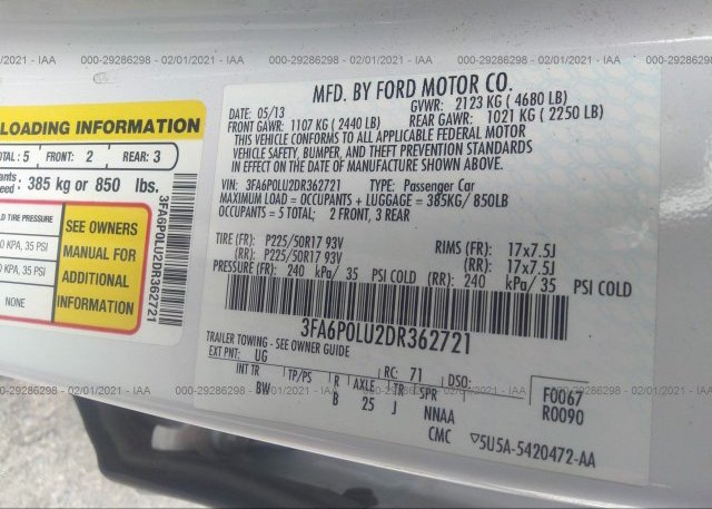 3FA6P0LU2DR362721 2013 FORD FUSION
