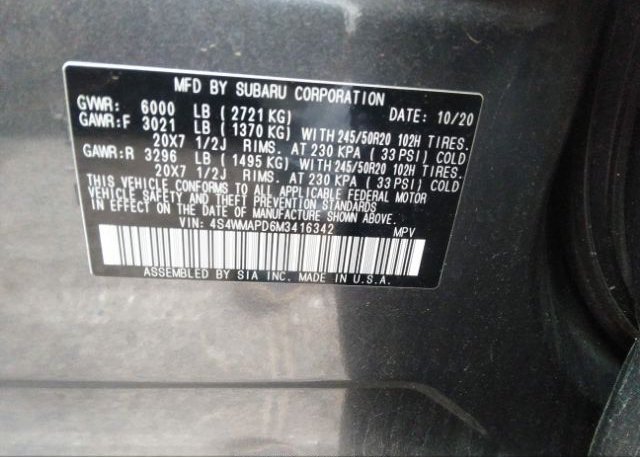 2021 SUBARU ASCENT(VIN: 4S4WMAPD6M3416342