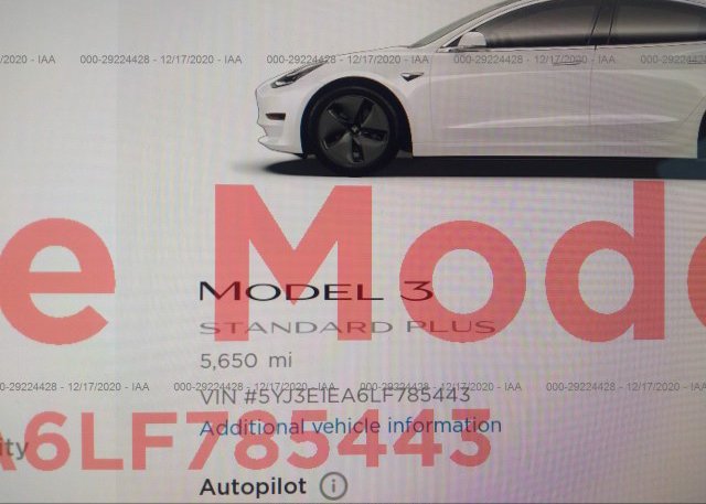 5YJ3E1EA6LF785443 2020 TESLA MODEL 3