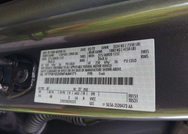 2022 FORD F-150(VIN: 1FTFW1ED5NFA99171