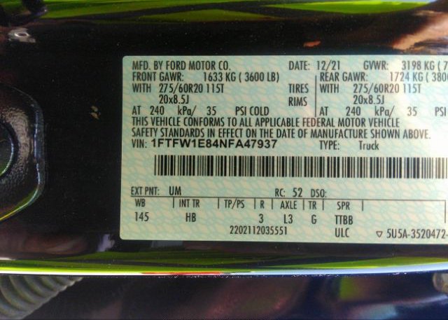 2022 FORD F-150(VIN: 1FTFW1E84NFA47937