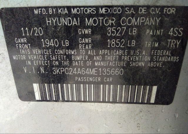 2021 HYUNDAI ACCENT(VIN: 3KPC24A64ME135660