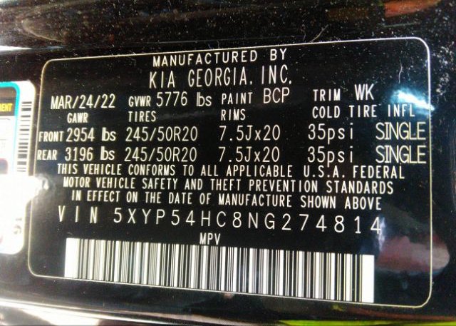 2022 KIA TELLURIDE(VIN: 5XYP54HC8NG274814