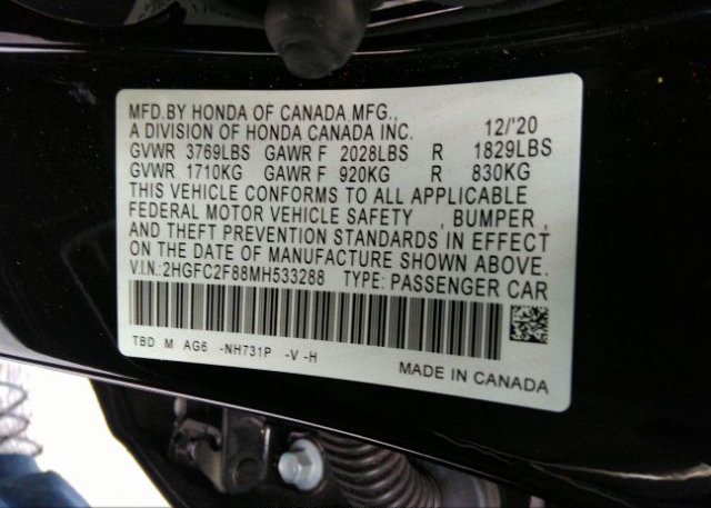 2021 HONDA CIVIC SEDAN(VIN: 2HGFC2F88MH533288