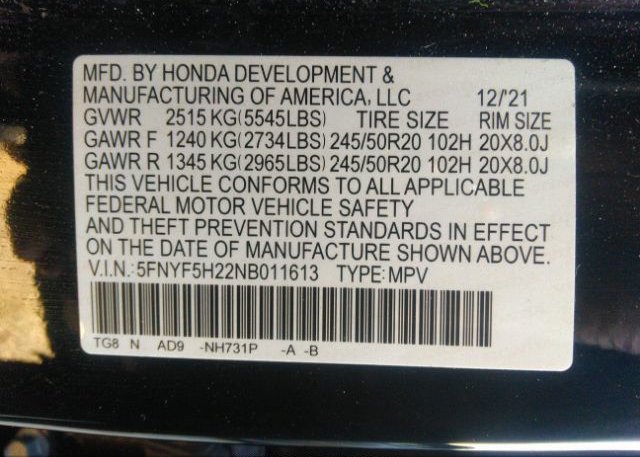 2022 HONDA PILOT(VIN: 5FNYF5H22NB011613
