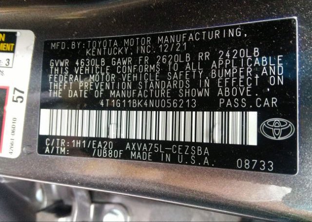 2022 TOYOTA CAMRY(VIN: 4T1G11BK4NU056213