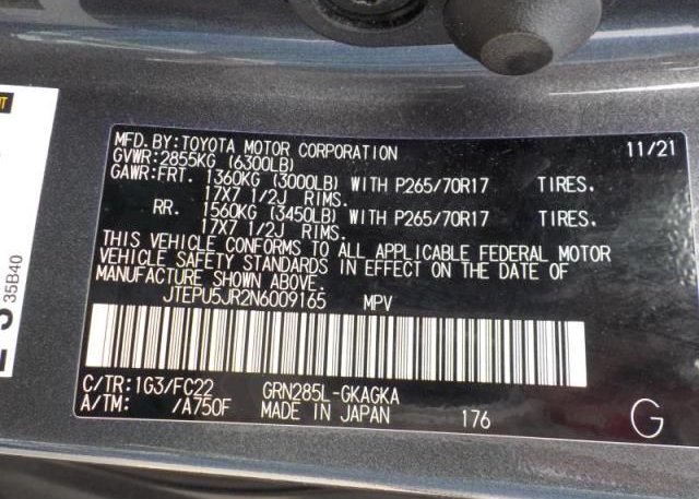 2022 TOYOTA 4RUNNER(VIN: JTEPU5JR2N6009165