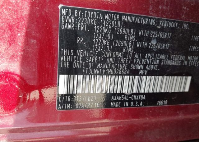 2021 TOYOTA RAV4(VIN: 4T3LWRFV1MU028684