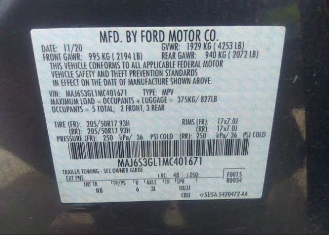 2021 FORD ECOSPORT(VIN: MAJ6S3GL1MC401671