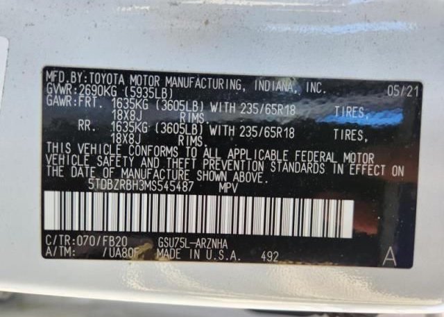 2021 TOYOTA HIGHLANDER(VIN: 5TDBZRBH3MS545487
