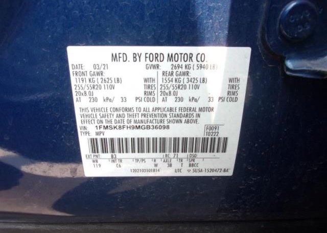 2021 FORD EXPLORER(VIN: 1FMSK8FH9MGB36098