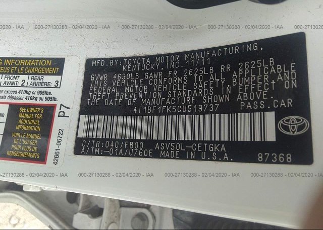 4T1BF1FK5CU519737 2012 Toyota CAMRY