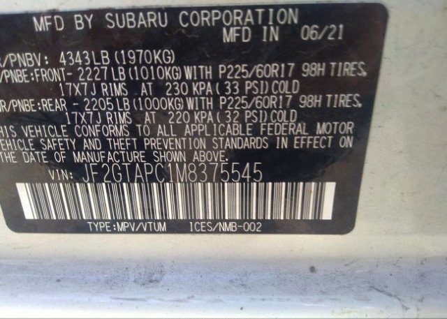 2021 SUBARU CROSSTREK(VIN: JF2GTAPC1M8375545