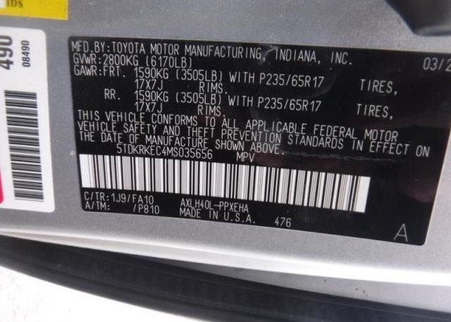 2021 TOYOTA SIENNA(VIN: 5TDKRKEC4MS035656