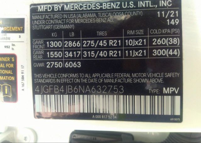 2022 MERCEDES-BENZ GLE(VIN: 4JGFB4JB6NA632753