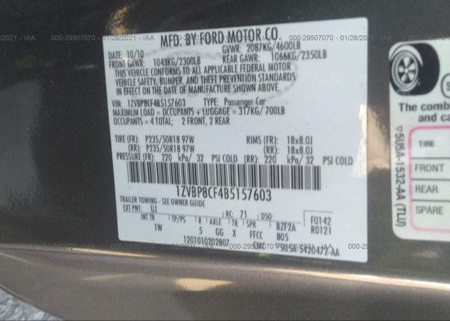 1ZVBP8CF4B5157603 2011 FORD MUSTANG