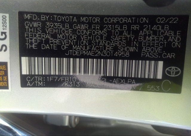 2022 TOYOTA COROLLA(VIN: JTDEPMAE2N3014958