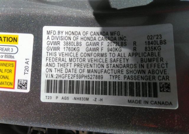 2023 HONDA CIVIC SEDAN(VIN: 2HGFE2F59PH527889