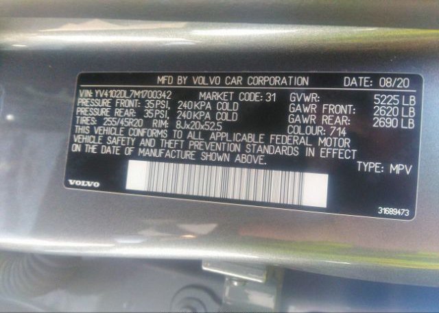 2021 VOLVO XC60(VIN: YV4102DL7M1700342