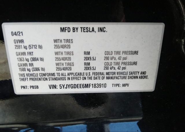2021 TESLA MODEL Y(VIN: 5YJYGDEE6MF183910