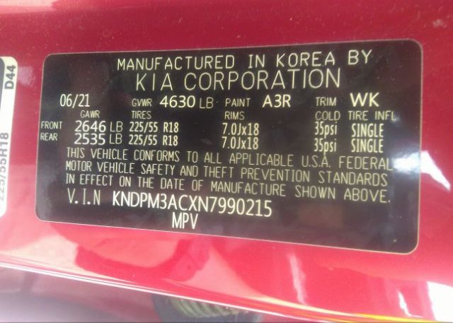 2022 KIA SPORTAGE(VIN: KNDPM3ACXN7990215