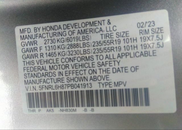 2023 HONDA ODYSSEY(VIN: 5FNRL6H87PB041913