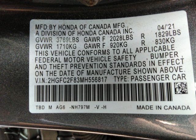 2021 HONDA CIVIC SEDAN(VIN: 2HGFC2F83MH556817