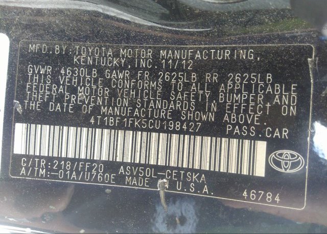 4T1BF1FK5CU198427 2012 TOYOTA CAMRY
