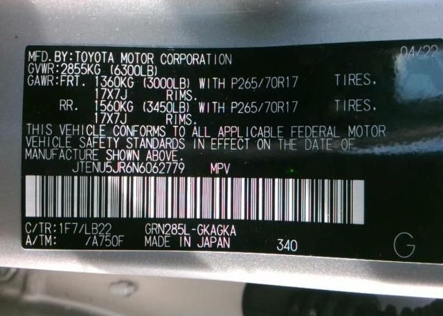 2022 TOYOTA 4RUNNER(VIN: JTENU5JR6N6062779