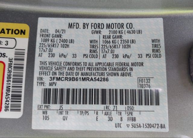 2021 FORD BRONCO SPORT(VIN: 3FMCR9B61MRA54286
