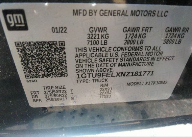 2022 GMC SIERRA 1500 LIMITED(VIN: 1GTU9FELXNZ181771