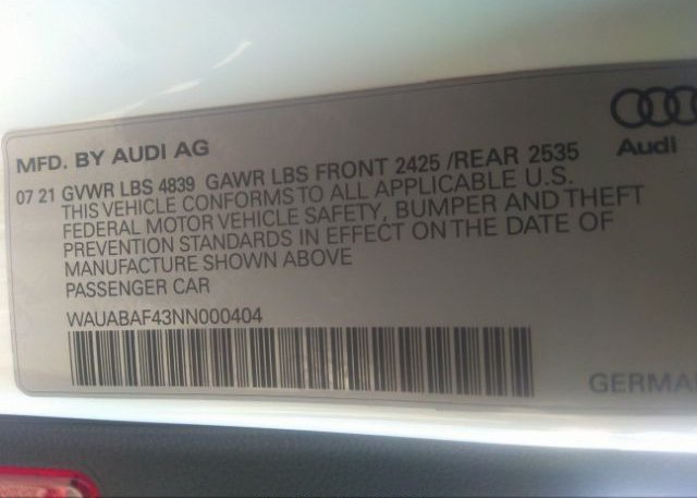 2022 AUDI A4 SEDAN(VIN: WAUABAF43NN000404