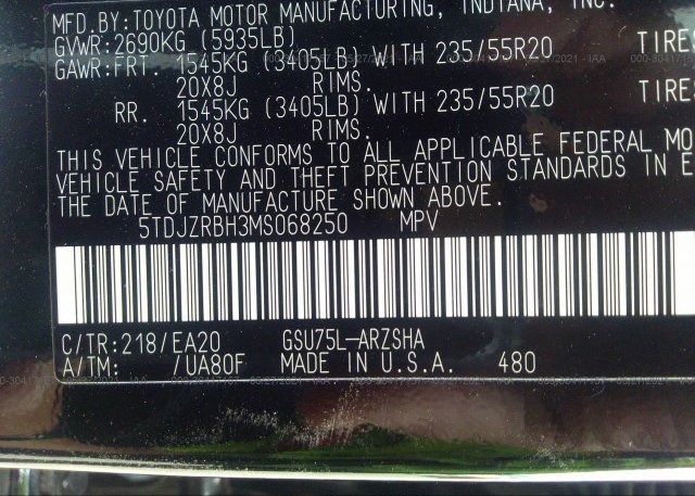 2021 TOYOTA HIGHLANDER(VIN: 5TDJZRBH3MS068250