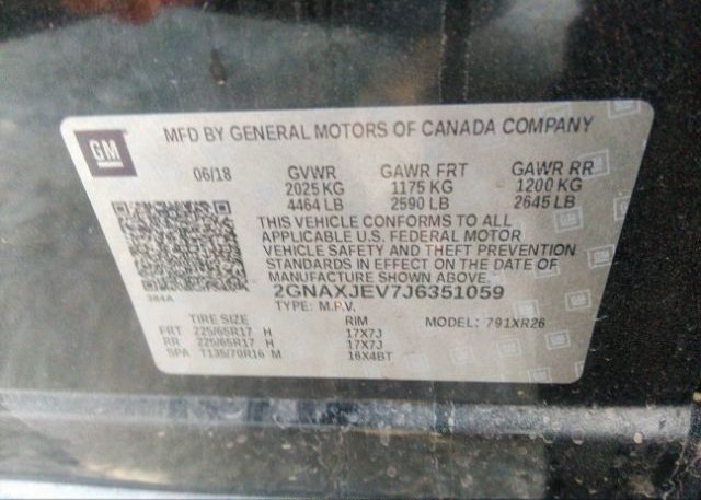 2018 CHEVROLET EQUINOX VIN: 2GNAXJEV7J6351059