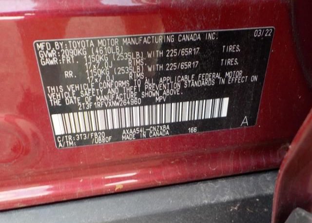 2022 TOYOTA RAV4(VIN: 2T3F1RFVXNW264960