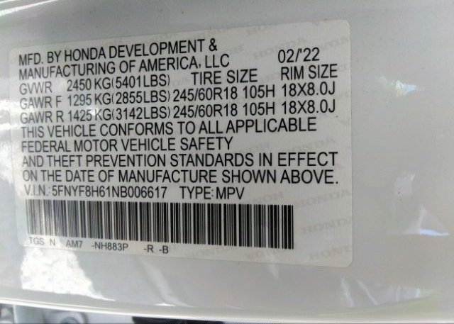 2022 HONDA PASSPORT(VIN: 5FNYF8H61NB006617