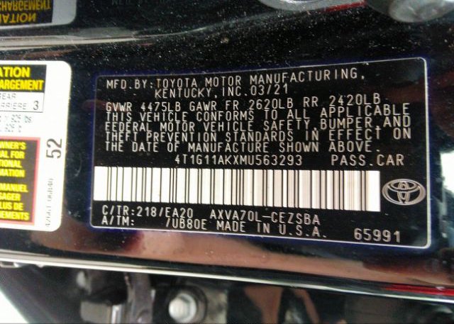 2021 TOYOTA CAMRY(VIN: 4T1G11AKXMU563293