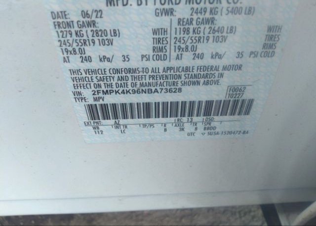 2022 FORD EDGE(VIN: 2FMPK4K96NBA73628