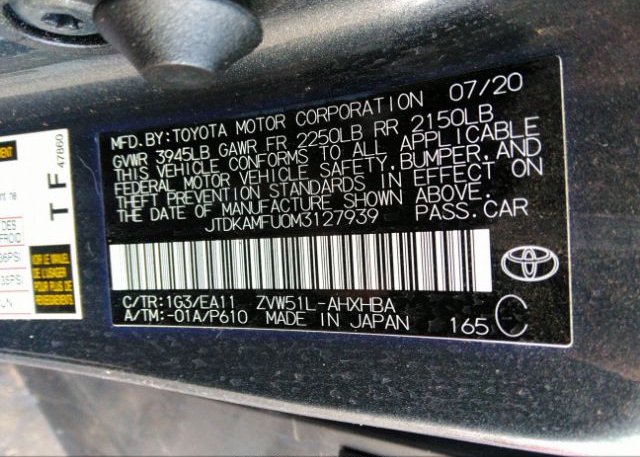 2021 TOYOTA PRIUS(VIN: JTDKAMFU0M3127939