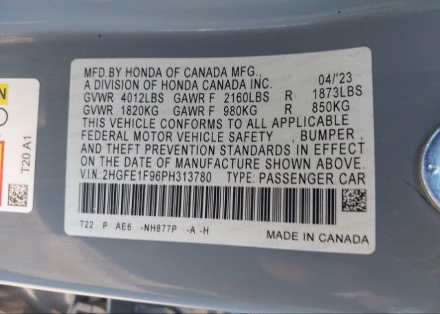 2023 HONDA CIVIC SEDAN(VIN: 2HGFE1F96PH313780