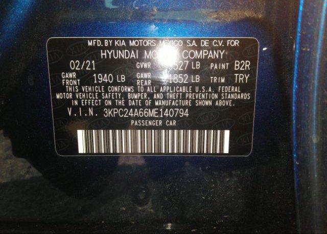 2021 HYUNDAI ACCENT(VIN: 3KPC24A66ME140794