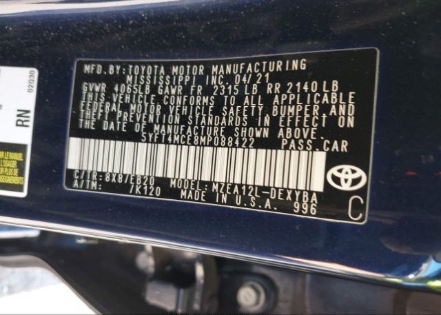 2021 TOYOTA COROLLA(VIN: 5YFT4MCE8MP088422