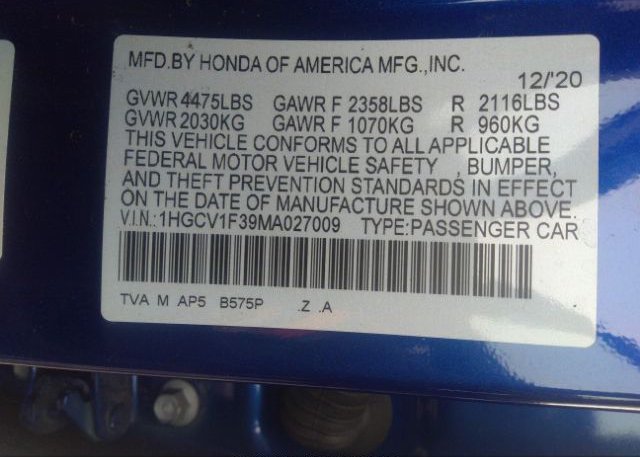 2021 HONDA ACCORD SEDAN(VIN: 1HGCV1F39MA027009