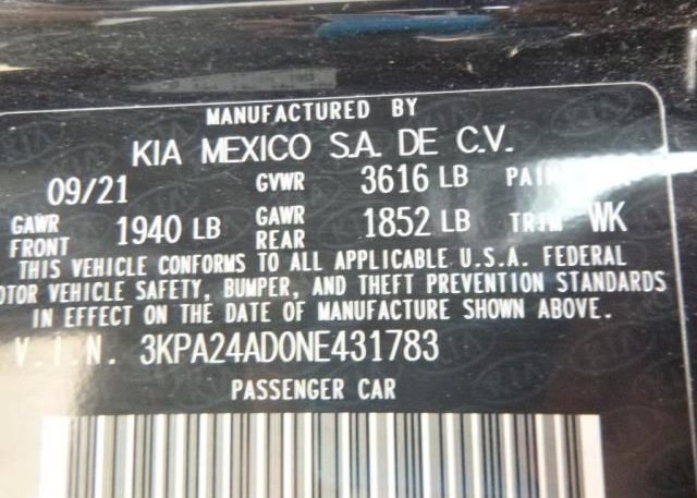 2022 KIA RIO(VIN: 3KPA24AD0NE431783