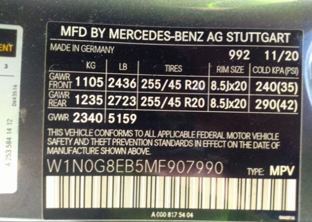 2021 MERCEDES-BENZ GLC(VIN: W1N0G8EB5MF907990