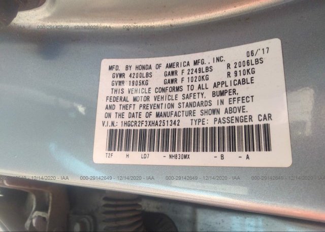 1HGCR2F3XHA251342 2017 HONDA ACCORD SEDAN
