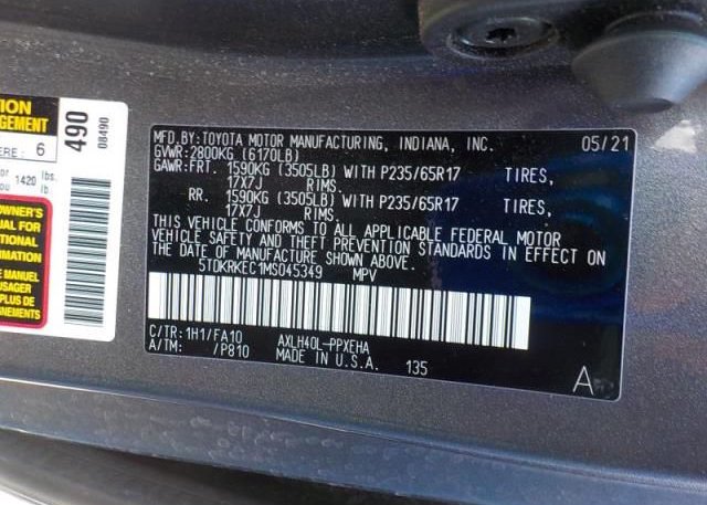2021 TOYOTA SIENNA(VIN: 5TDKRKEC1MS045349