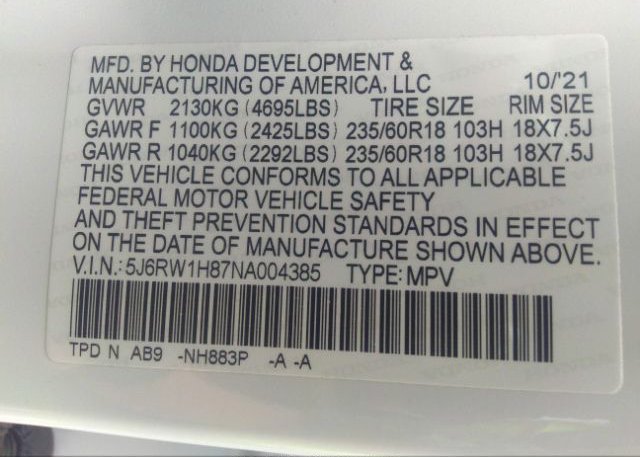 2022 HONDA CR-V(VIN: 5J6RW1H87NA004385