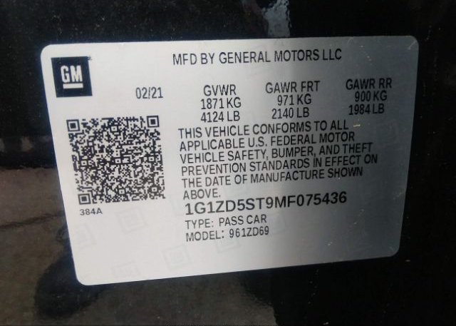 2021 CHEVROLET MALIBU(VIN: 1G1ZD5ST9MF075436