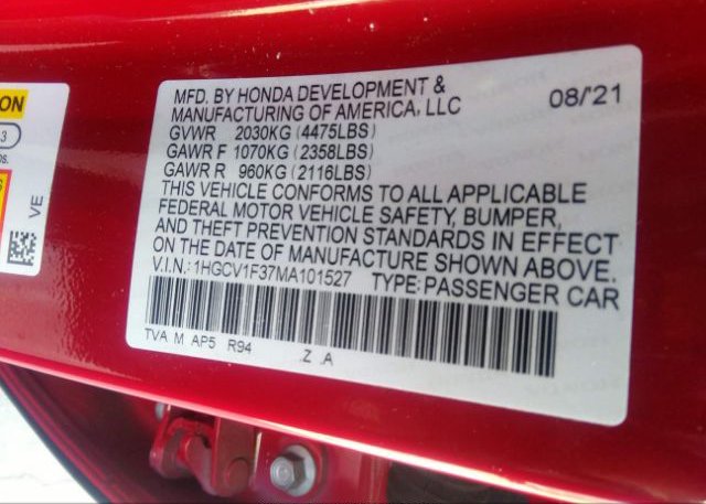 2021 HONDA ACCORD SEDAN(VIN: 1HGCV1F37MA101527